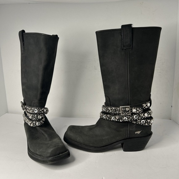 Rocket Dog Shoes - Sz 8 - ROCKET DOG Black Leather Silver Studded Rhinestone Buckle Biker Boots